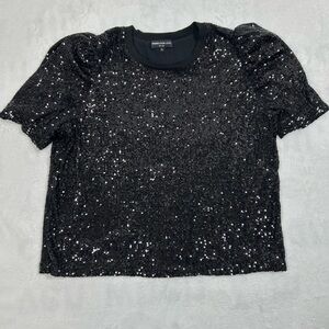 Generation Love Black Sequin Puff Sleeve Top XL Crew Neck Short Sleeves